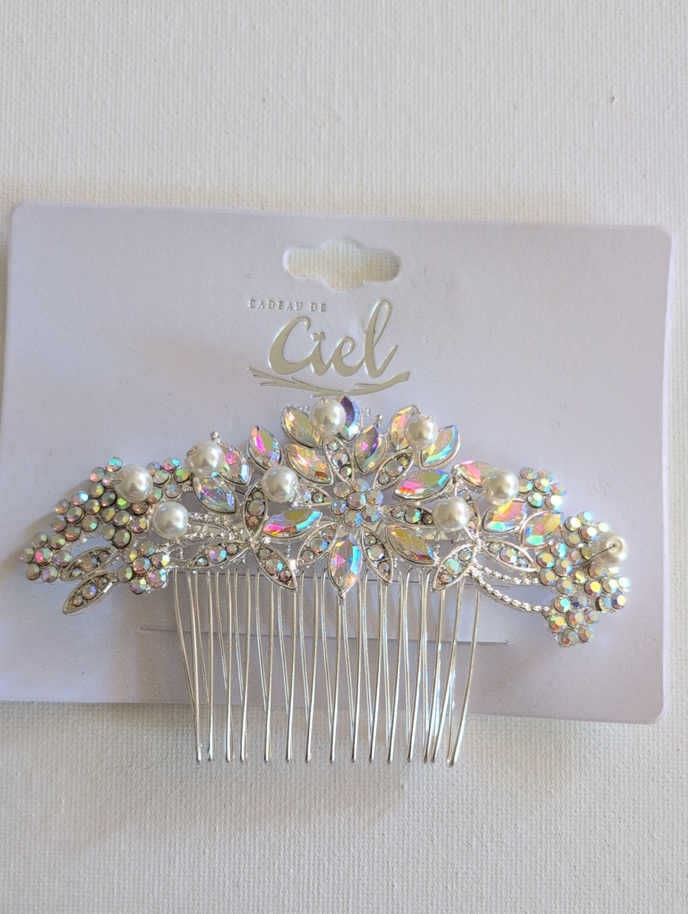 Iridescent Crystal & Pearl Wedding Hair Comb - Silver